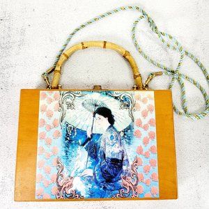 VIntage Parasol Painting Art Wooden Vanity Crossbody Carry On Bag geisha 1909